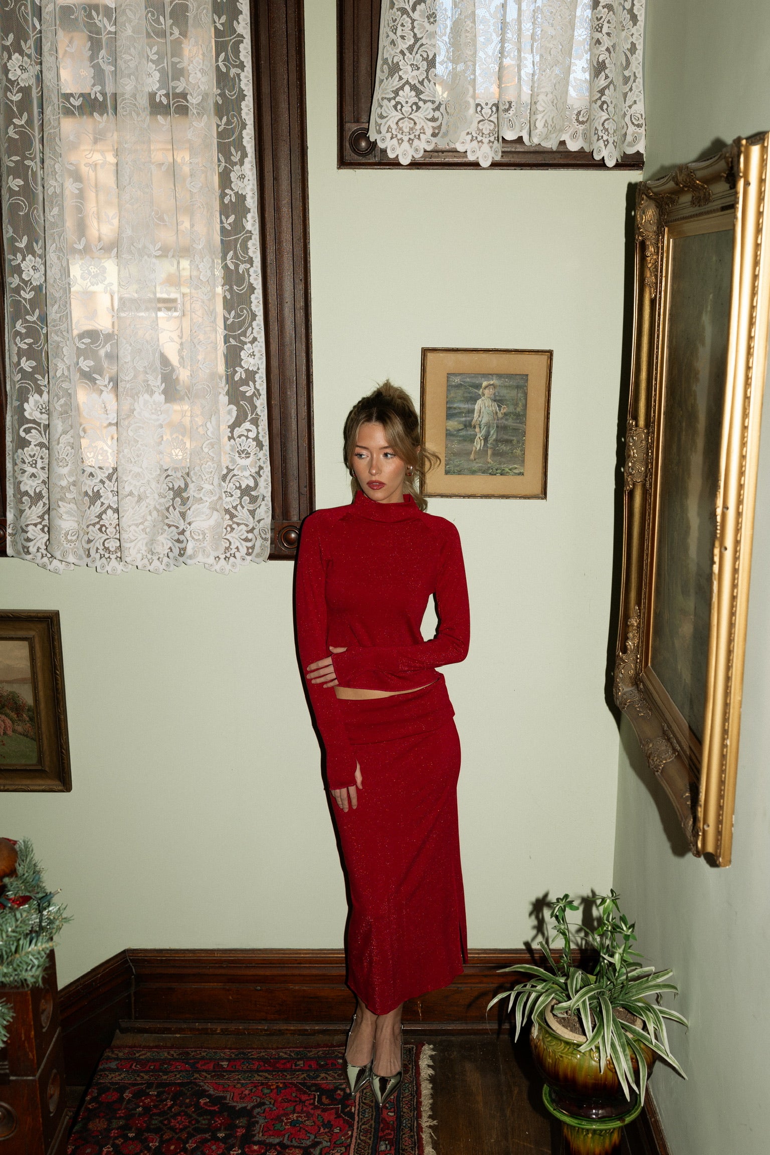 Holiday Red Shimmer Midi Skirt