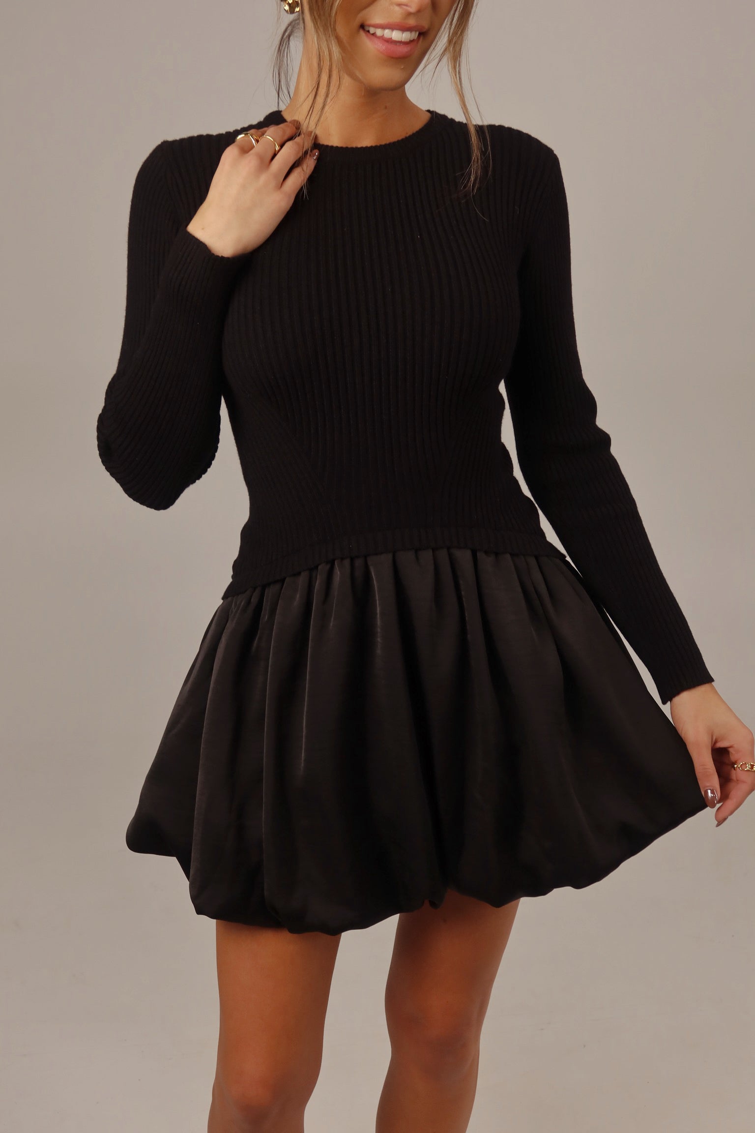 Lane Long Sleeve Knit Bubble Dress in Black