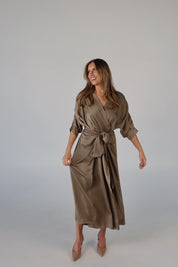 Olive Satin Wrap Midi Dress