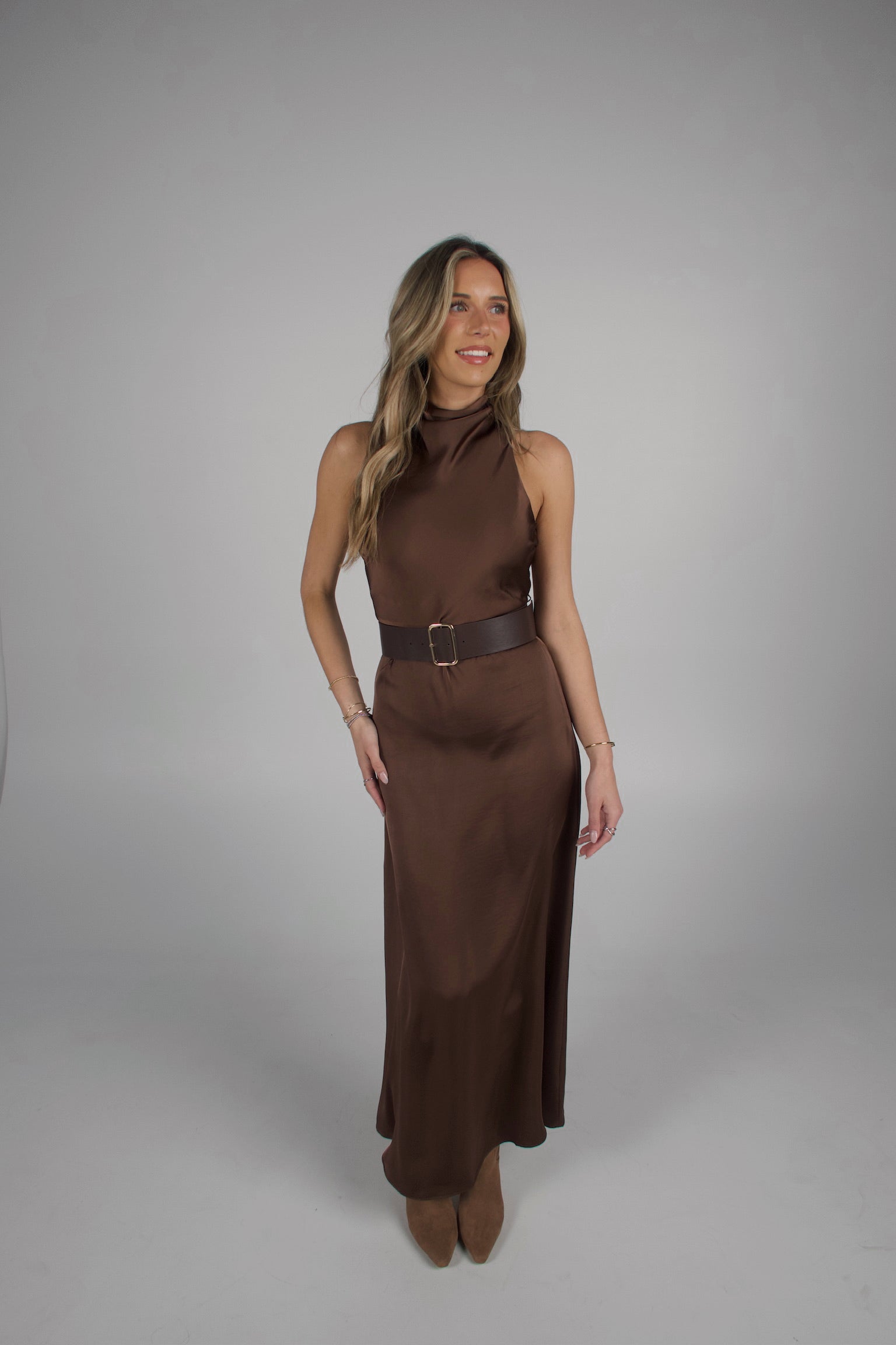 Carmen Belted Satin Maxi Dress