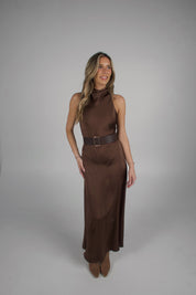 Carmen Belted Satin Maxi Dress