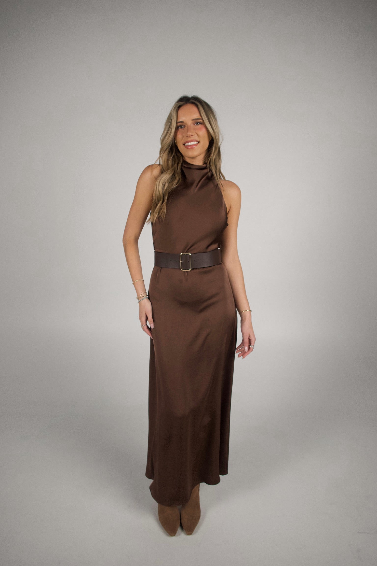 Carmen Belted Satin Maxi Dress