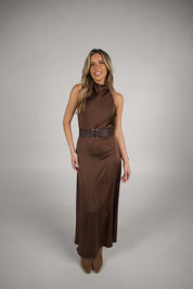 Carmen Belted Satin Maxi Dress
