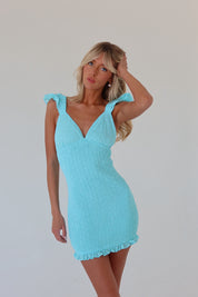 Aqua Smocked Eyelet Mini Dress