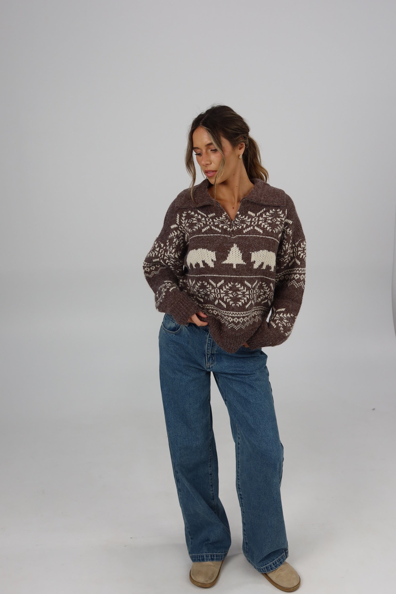 Holiday Vacation Quarter-Zip Knit in Brown/Beige