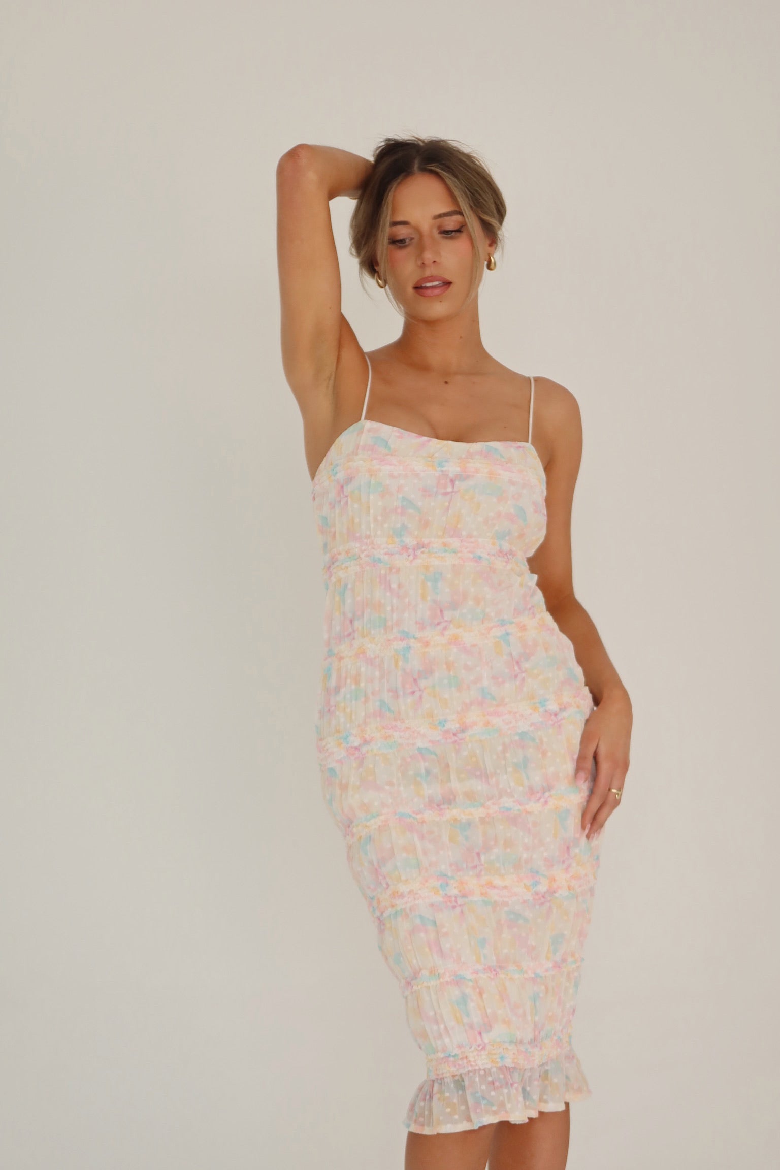 Pastel Polka Dot Smocked Midi Dress