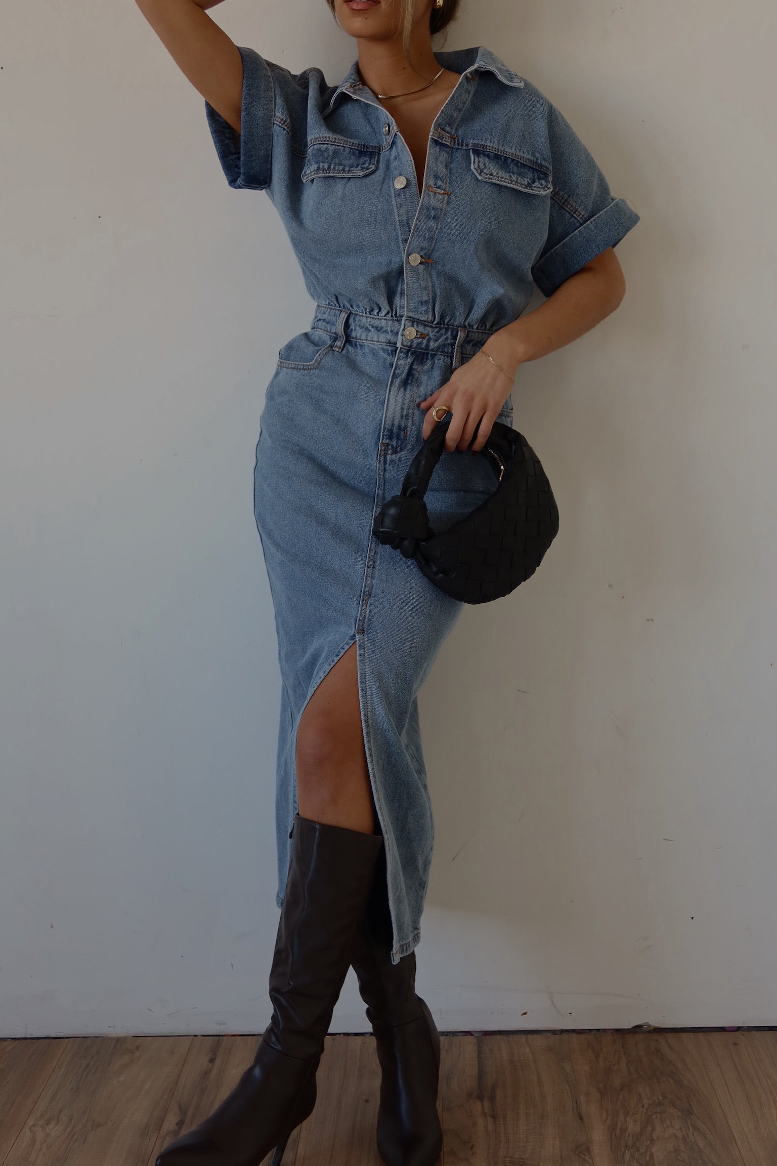 Tobie Short Sleeve Denim Midi Dress Madida Clothing Tobie Short Sleeve Denim Midi Dress Madida Clothing