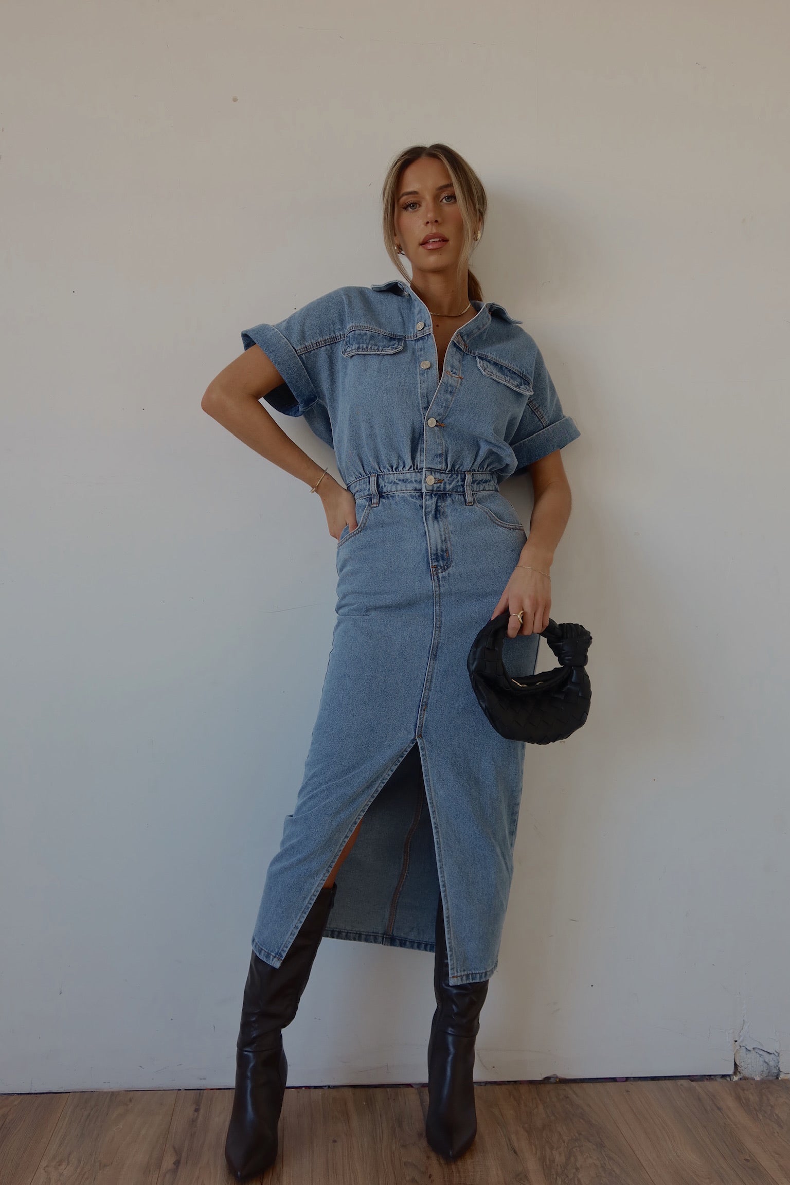 Tobie Short Sleeve Denim Midi Dress Madida Clothing Tobie Short Sleeve Denim Midi Dress Madida Clothing