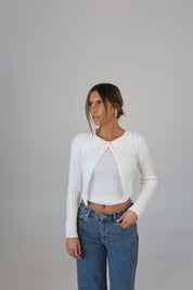 Chic One-Button Cropped Cardigan in White