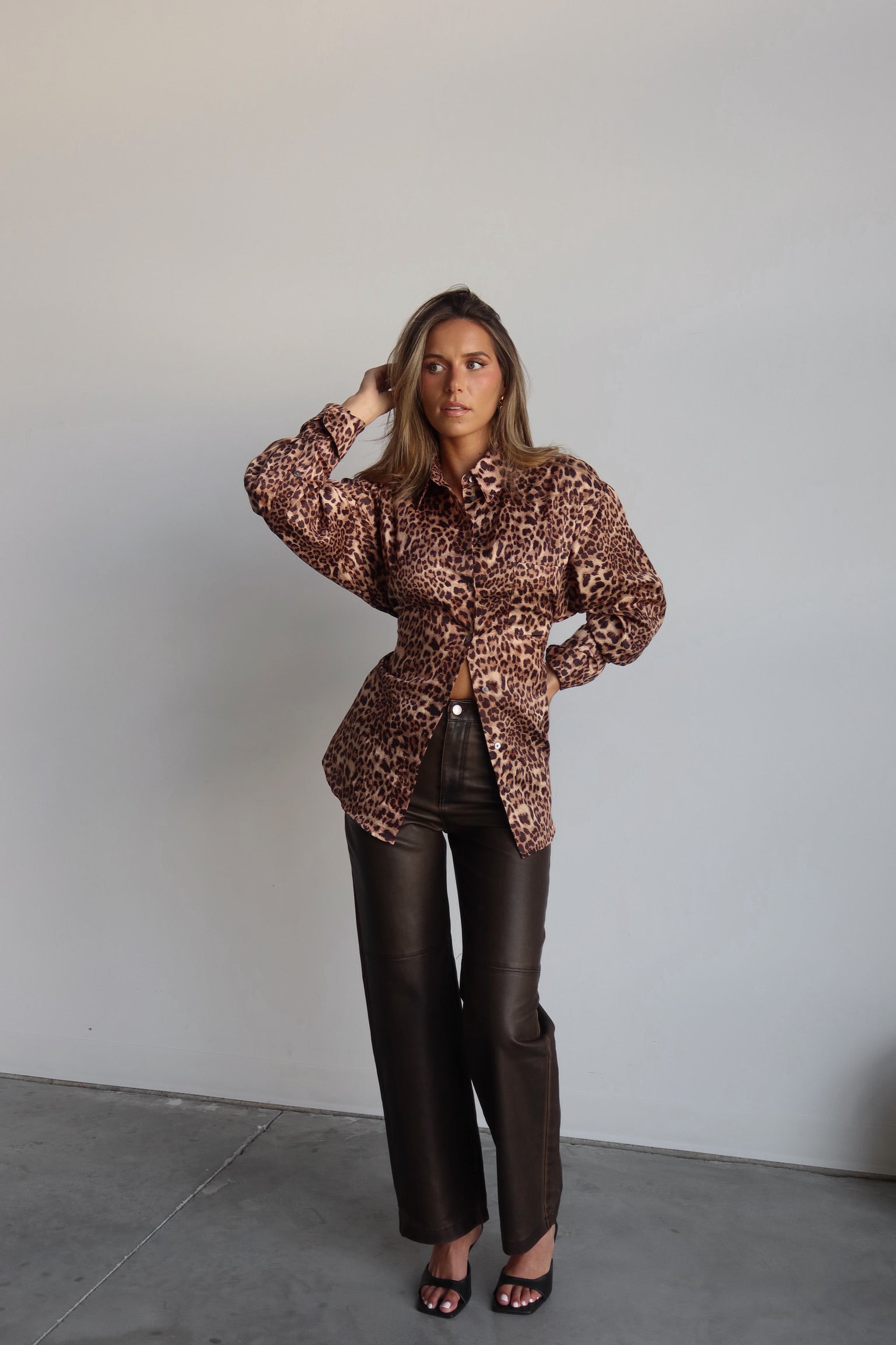 Leopard Print Button-Up Top with Back Tie