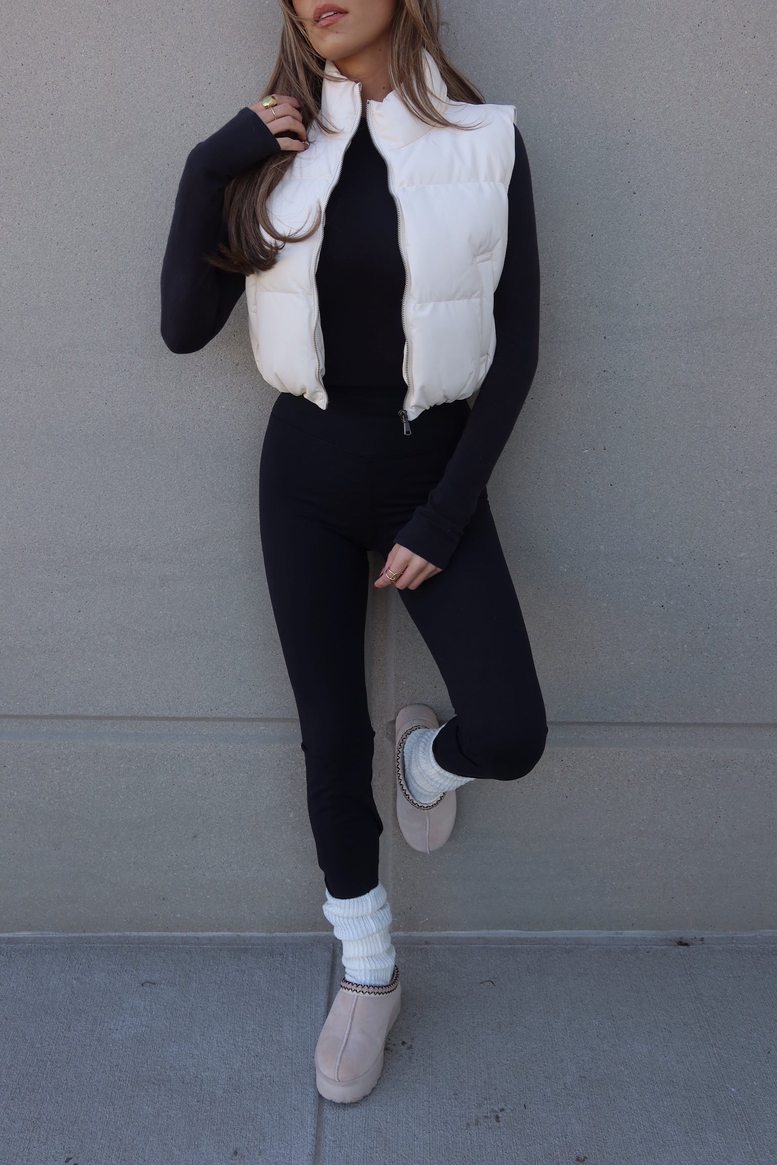 Cream Cropped Pleather Puffer Vest