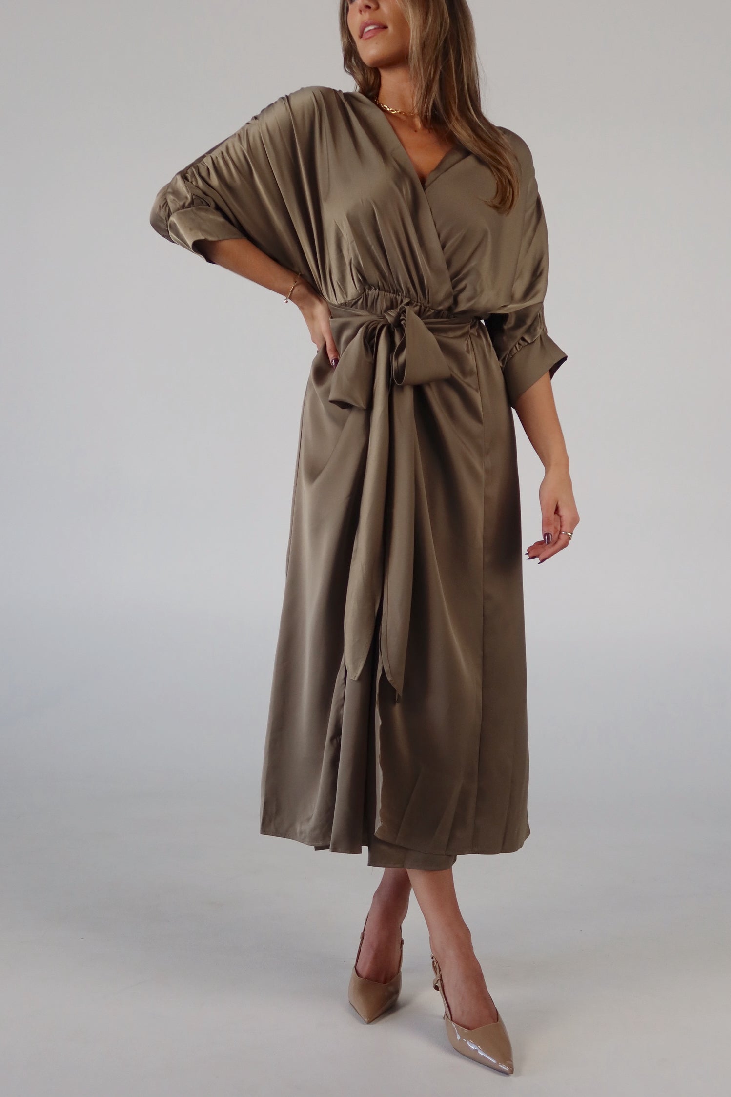 Olive Satin Wrap Midi Dress