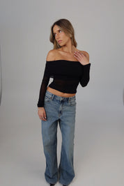 Sheer Off-Shoulder Mesh Foldover Top in Black