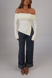 Annabelle Asymmetric Off-Shoulder Sweater in Ecru