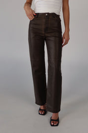 Brown Vintage Washed Pleather Pants