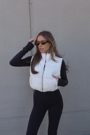 Cream Cropped Pleather Puffer Vest