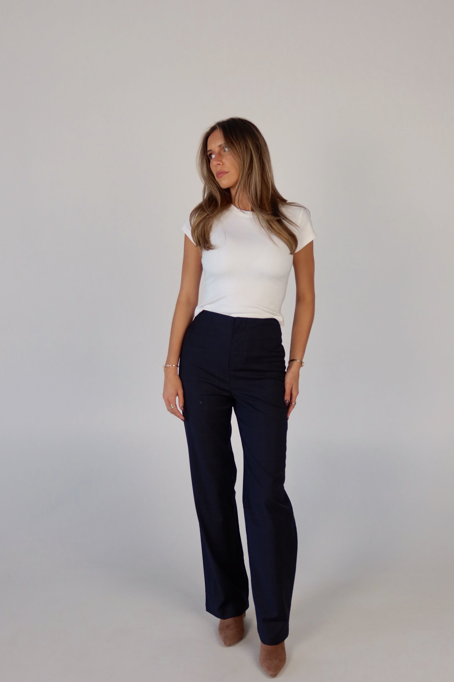 Navy Plaid High-Waisted Trousers