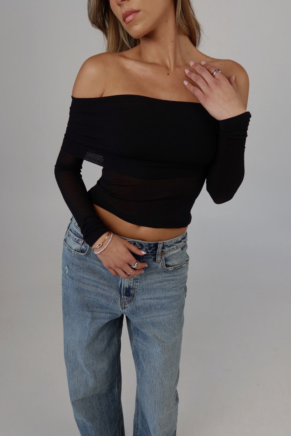 Sheer Off-Shoulder Mesh Foldover Top in Black