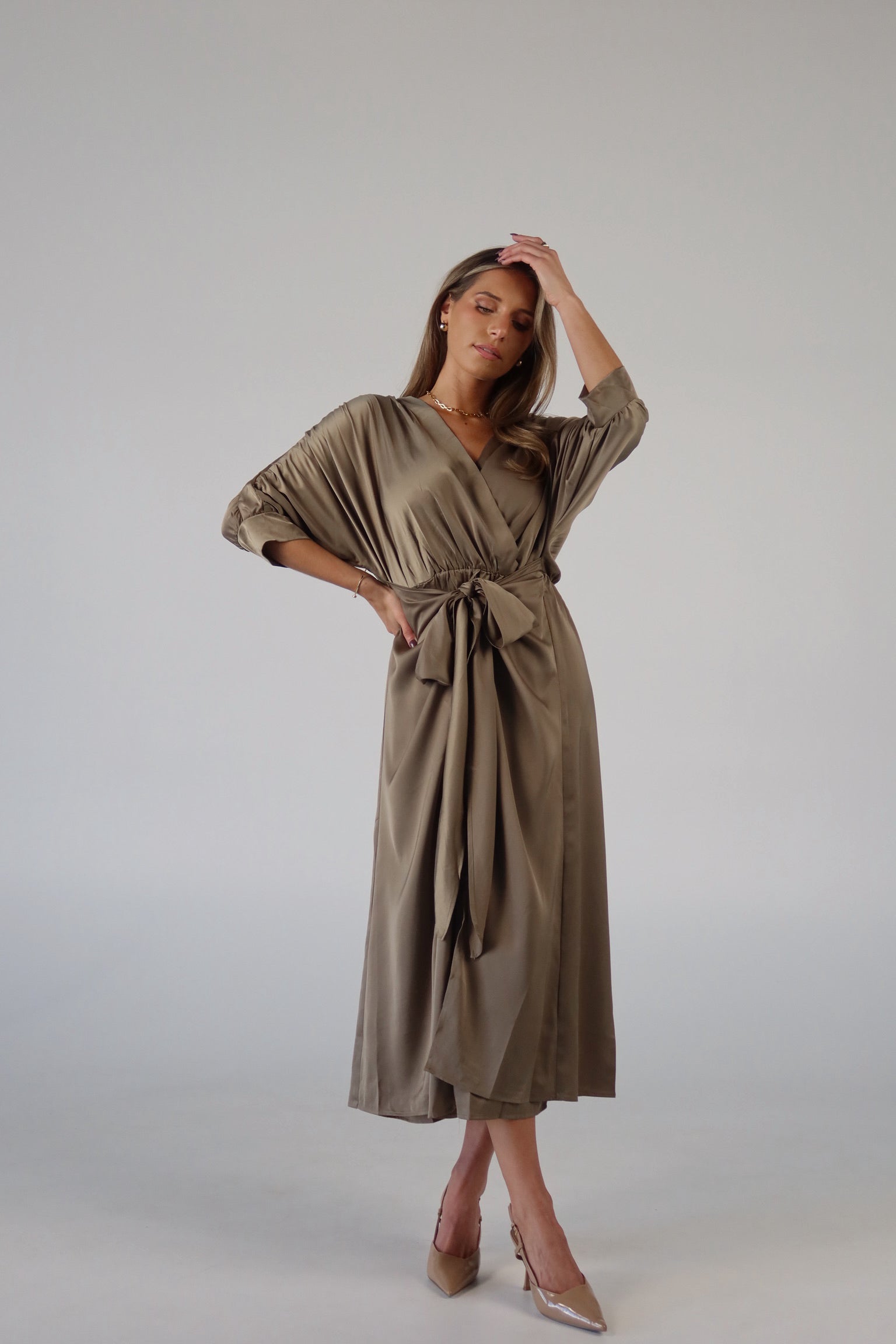 Olive Satin Wrap Midi Dress