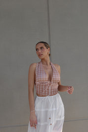 Chesley Peach Checkered Halter Top