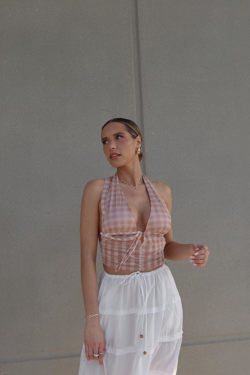 Chesley Peach Checkered Halter Top