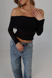 Sheer Off-Shoulder Mesh Foldover Top in Black