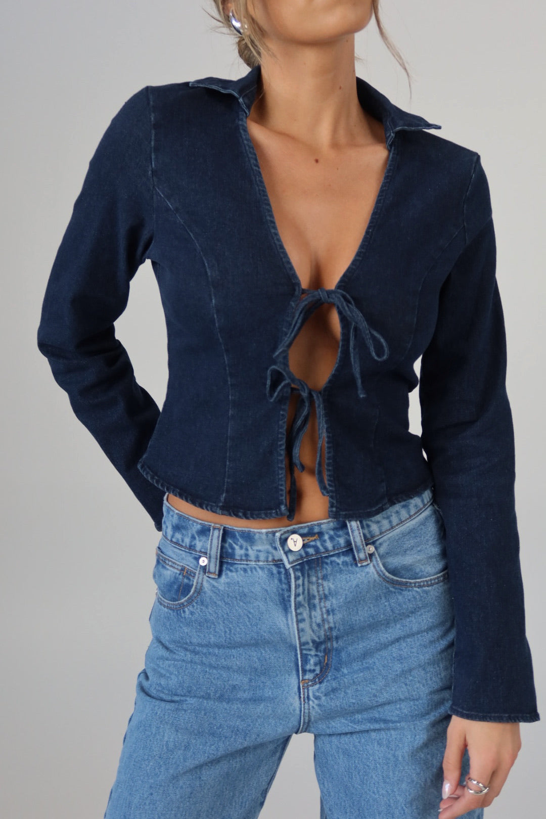 Stretch Denim Tie-Front Collared Top