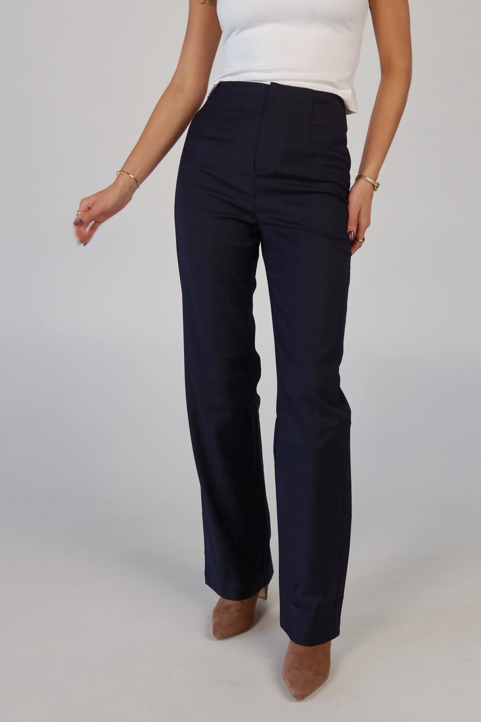 Navy Plaid High-Waisted Trousers