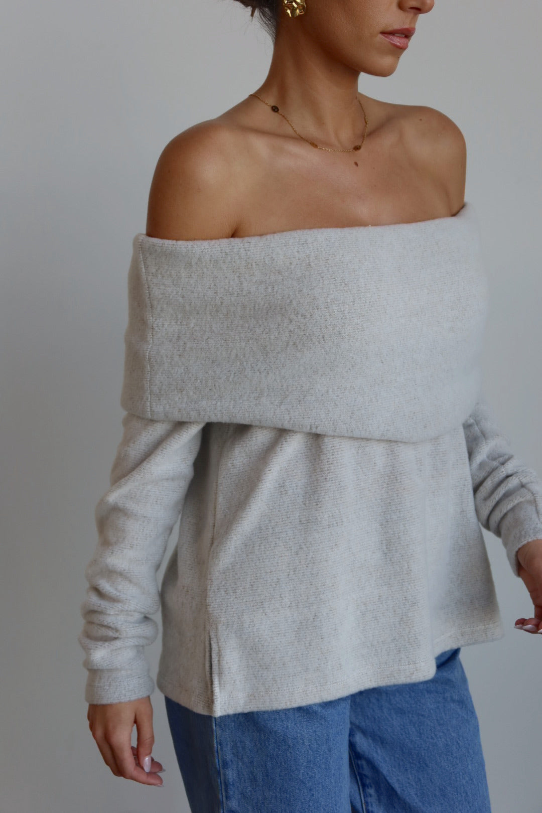 Cozy Luxe Off-Shoulder Hacci Top in Light Grey