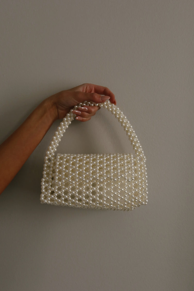 Pearl Bead All Over Handle Bag In White