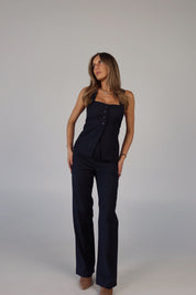 Navy Plaid High-Waisted Trousers