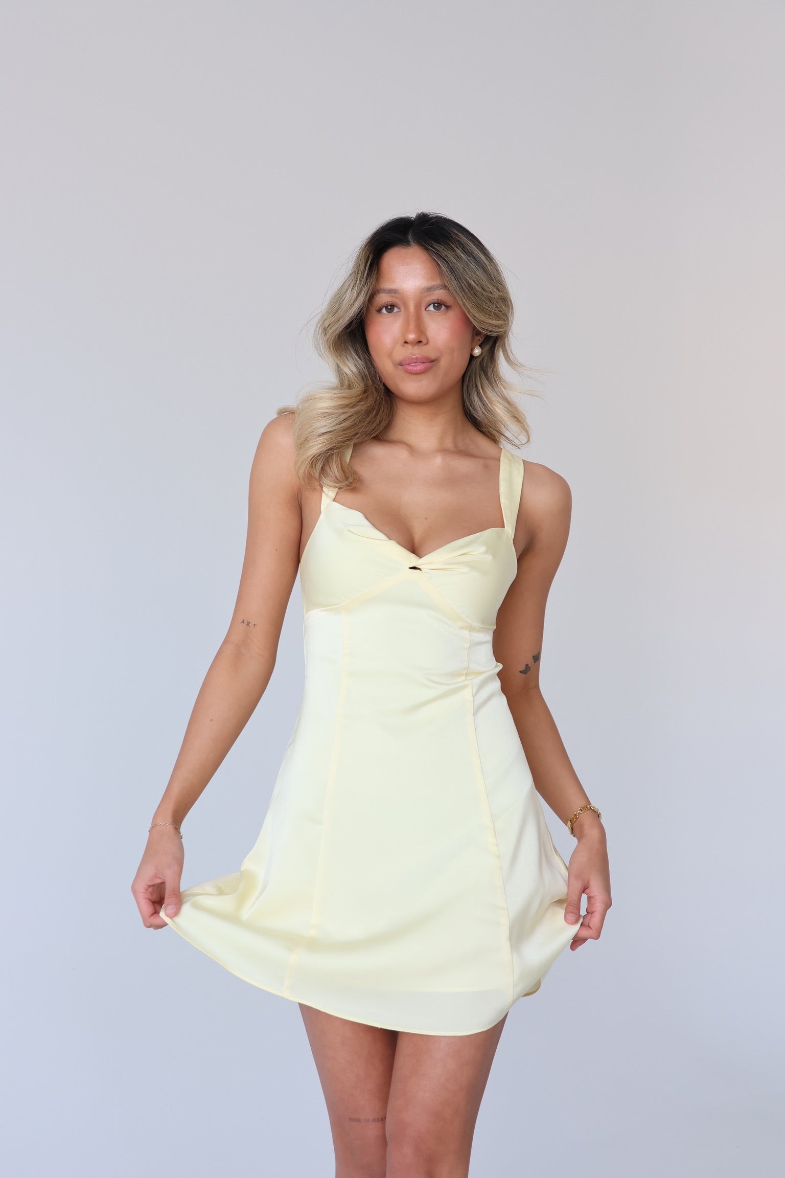 Lyra Satin Mini Dress in Yellow