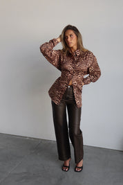 Leopard Print Button-Up Top with Back Tie