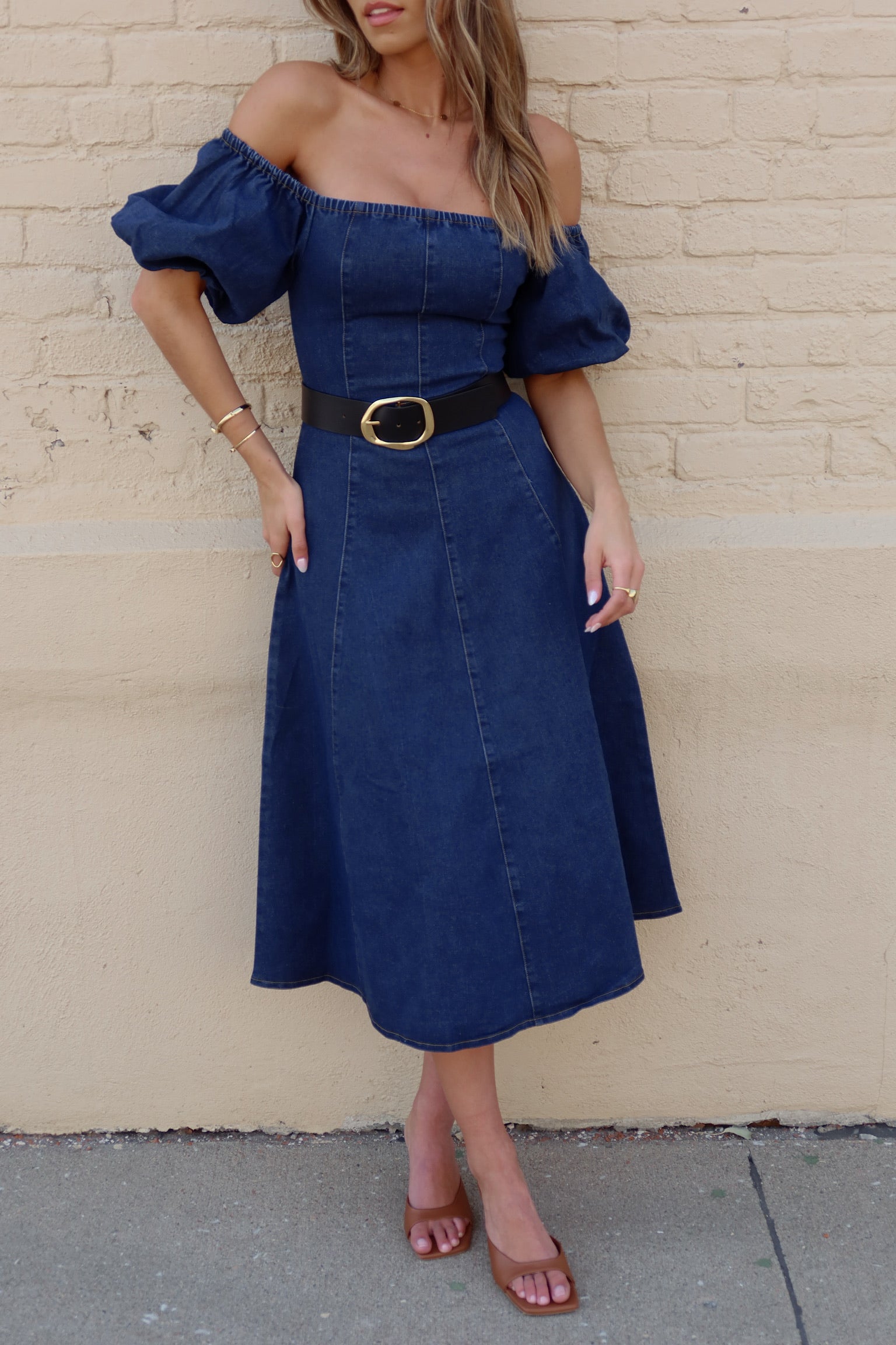 Denim Dreams Puff Sleeve A-Line Midi Dress Madida Clothing Denim Dreams Puff Sleeve A-Line Midi Dress Madida Clothing