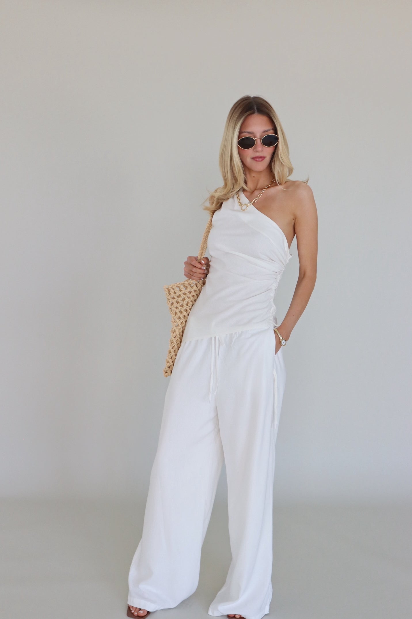 Inez Linen One Shoulder Top in Ivory
