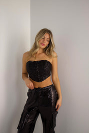 Neva Sequin Corset Top In Black