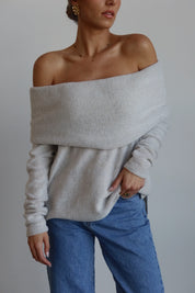 Cozy Luxe Off-Shoulder Hacci Top in Light Grey