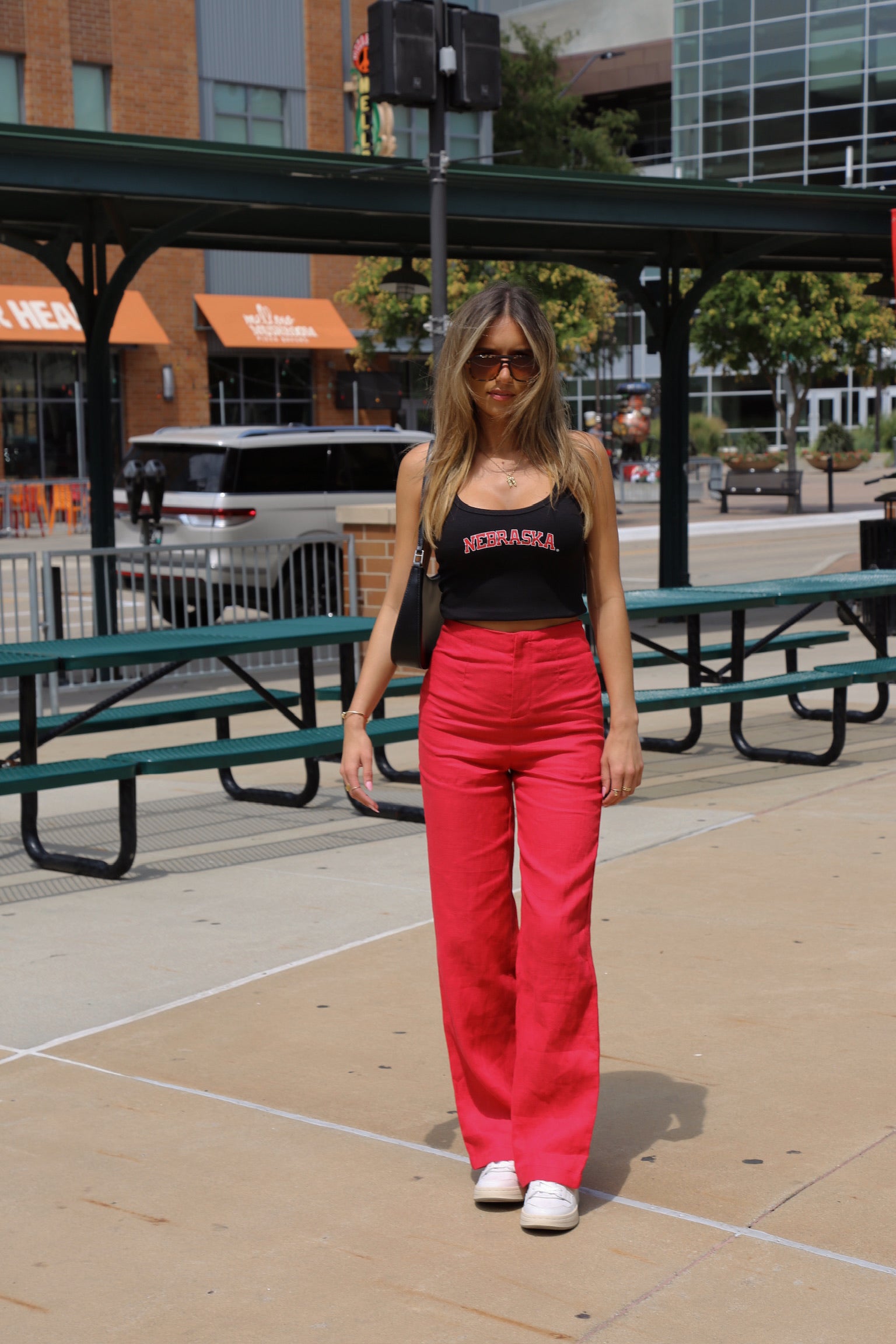 Red High Rise Linen Pant