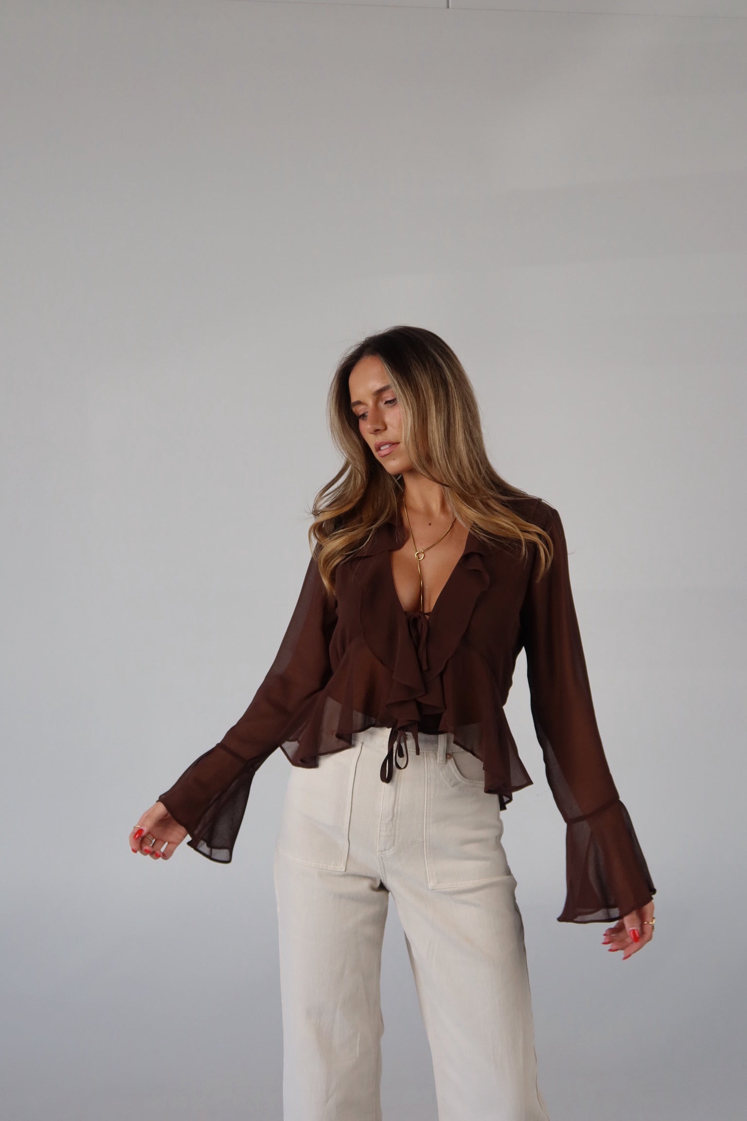 Brown Chiffon Tie-Front Top