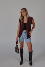 Brown Sleeveless Button-Down Sweater