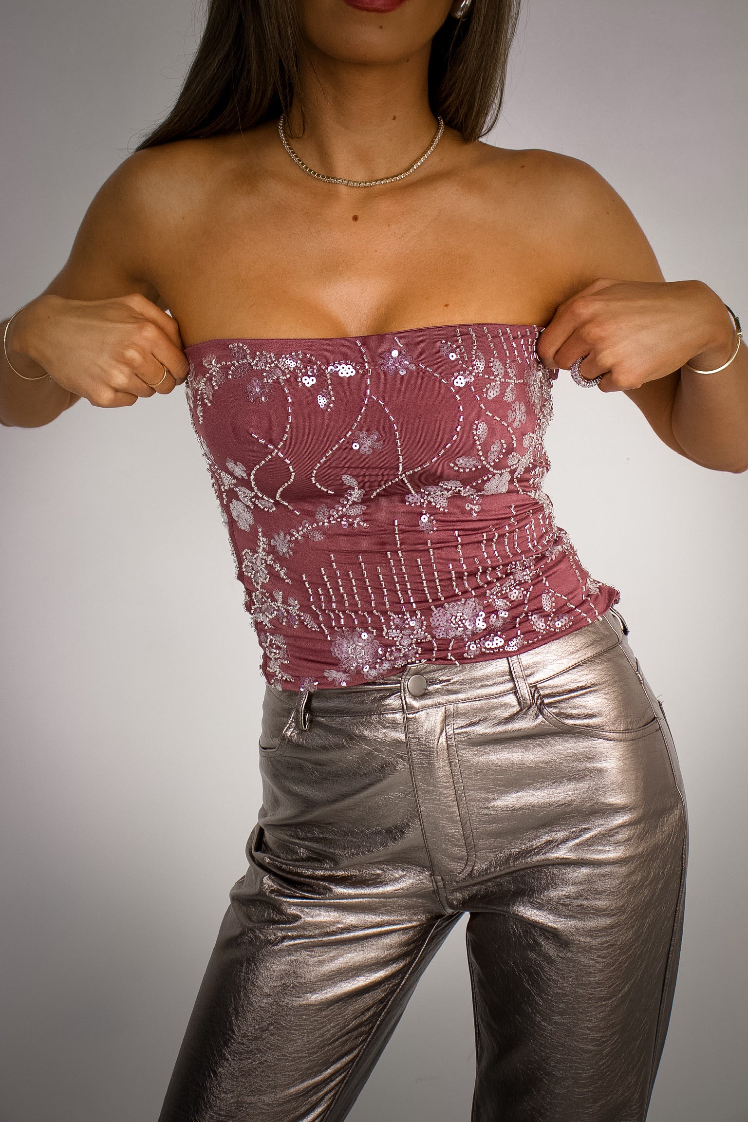 Embroidered Sequin Strapless Tube Top