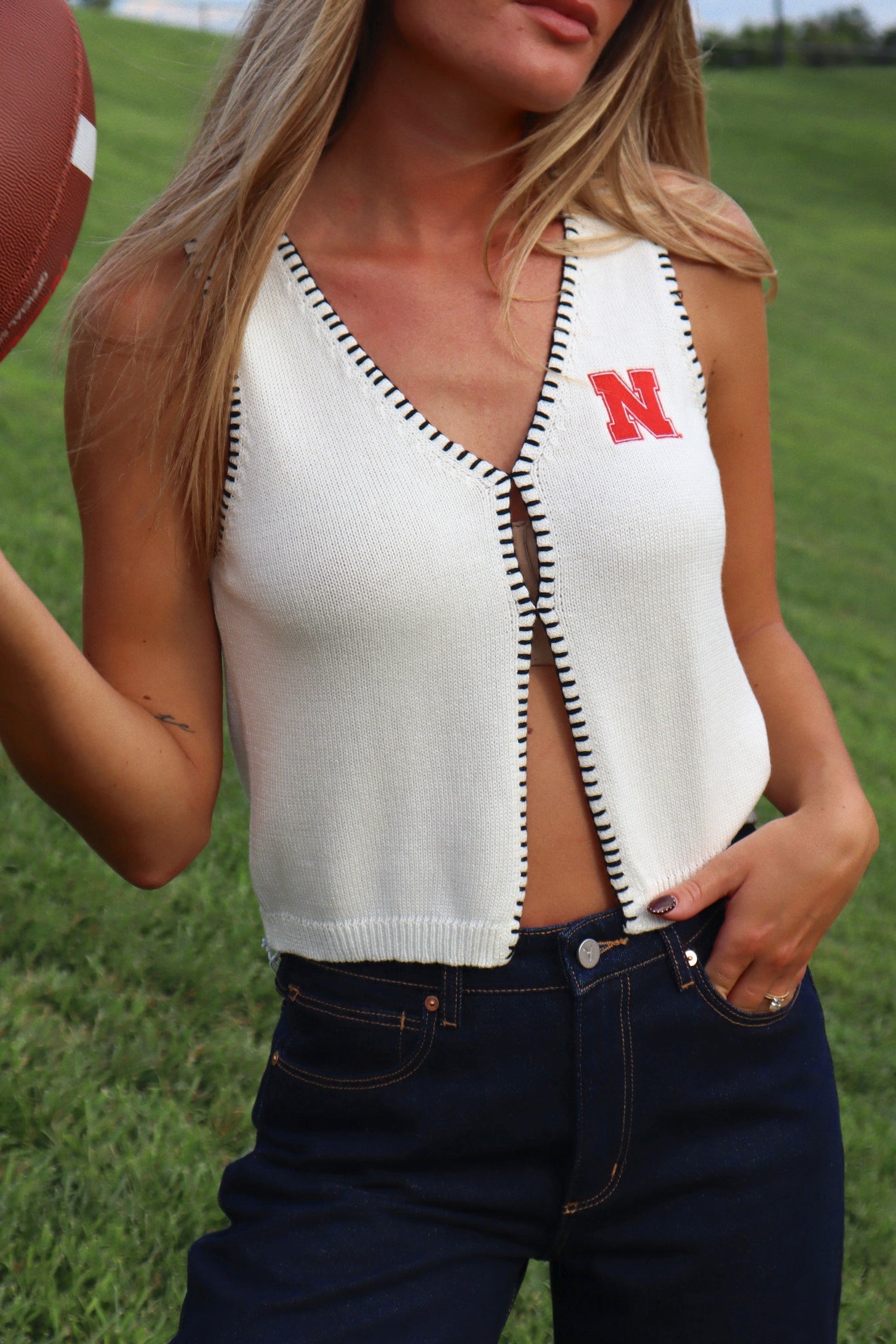 Nebraska Embroidered Contrast Knit Top