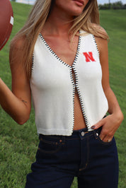 Nebraska Embroidered Contrast Knit Top