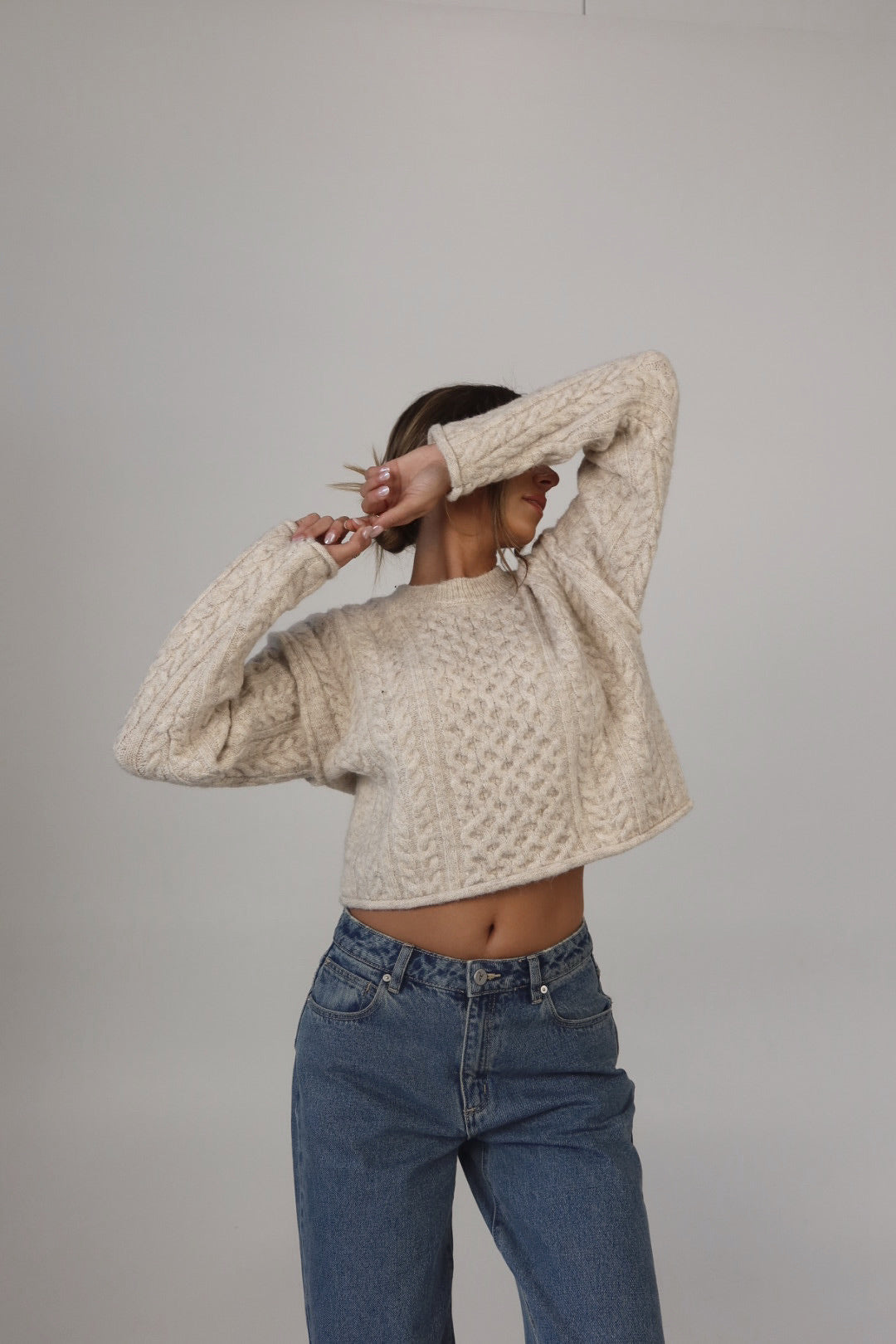 Eco Cable Knit Crew Sweater in Natural