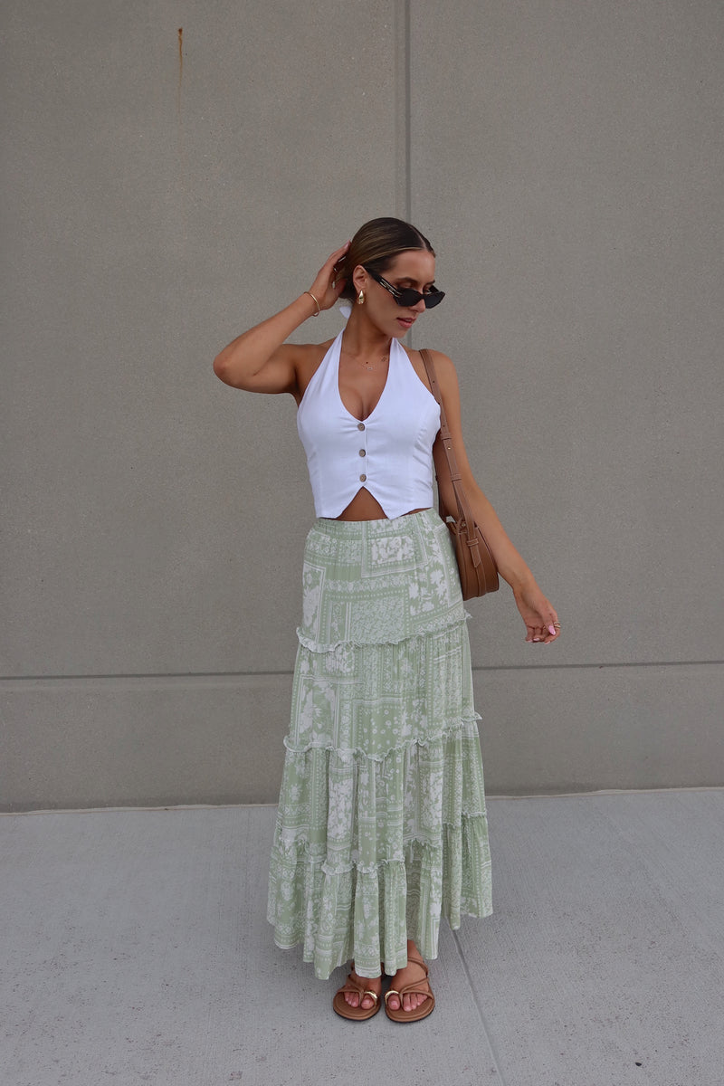Sage Floral Tiered Maxi Skirt