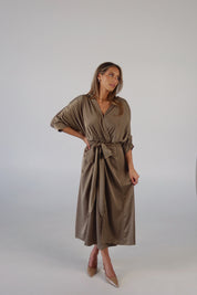 Olive Satin Wrap Midi Dress