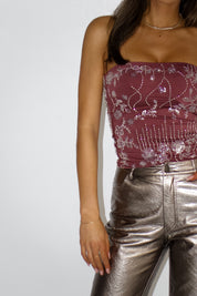 Embroidered Sequin Strapless Tube Top