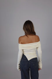 Annabelle Asymmetric Off-Shoulder Sweater in Ecru