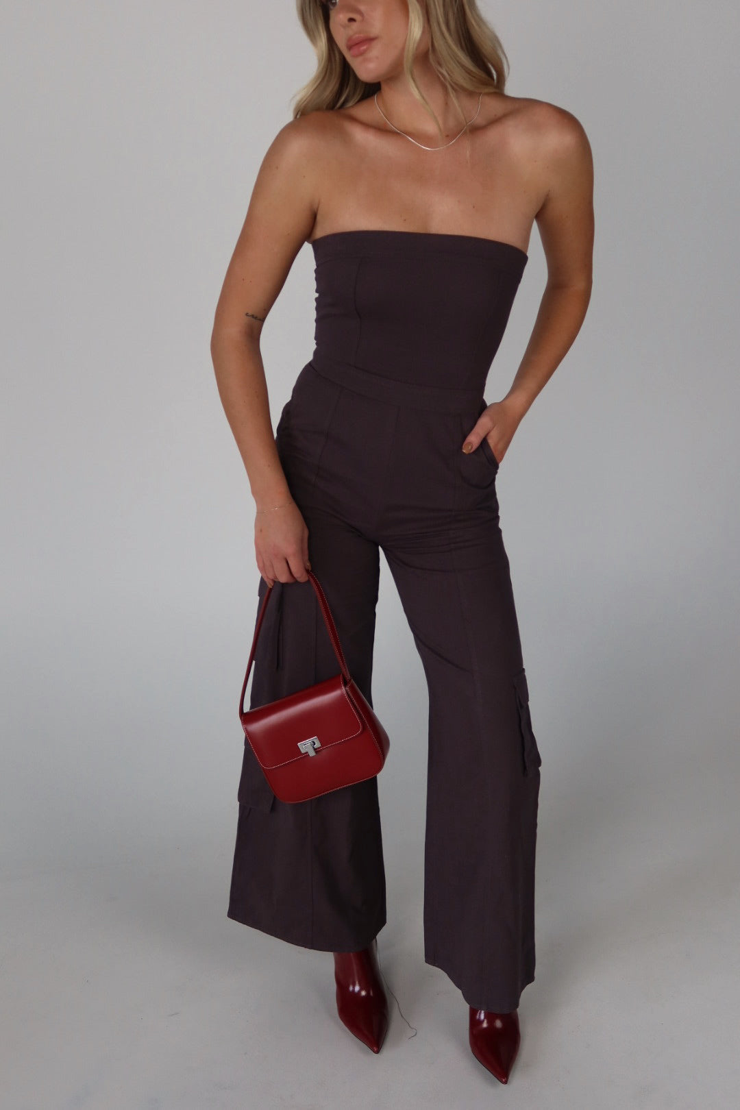 Cargo Tube Top Jumpsuit in Charcoal