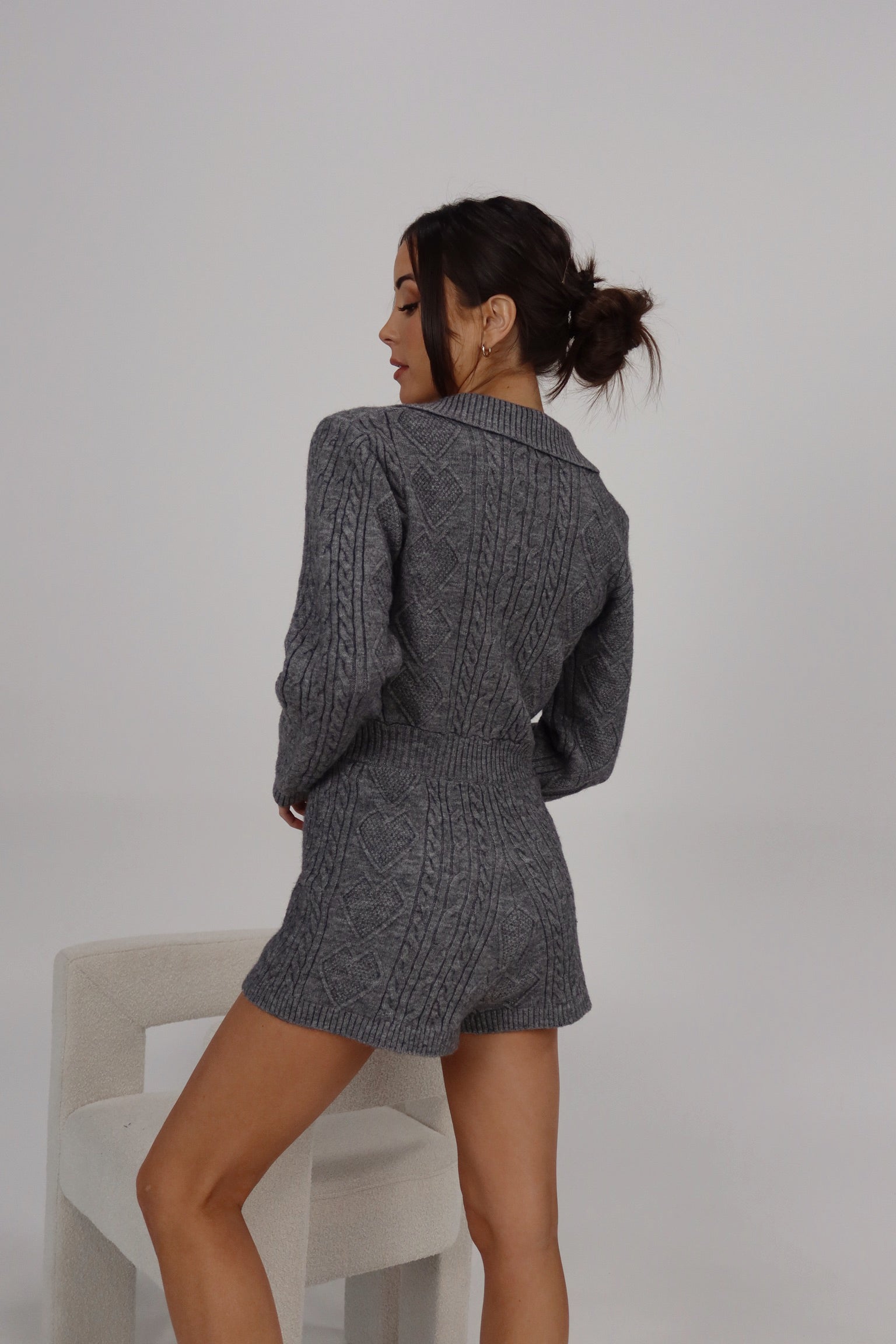 Cozy Cable Knit Button-Up Romper In Grey